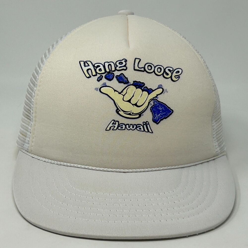 Vintage 90s Hang Loose Hawaii Trucker Hat Baseball Cap White Shaka Sign Snapback
